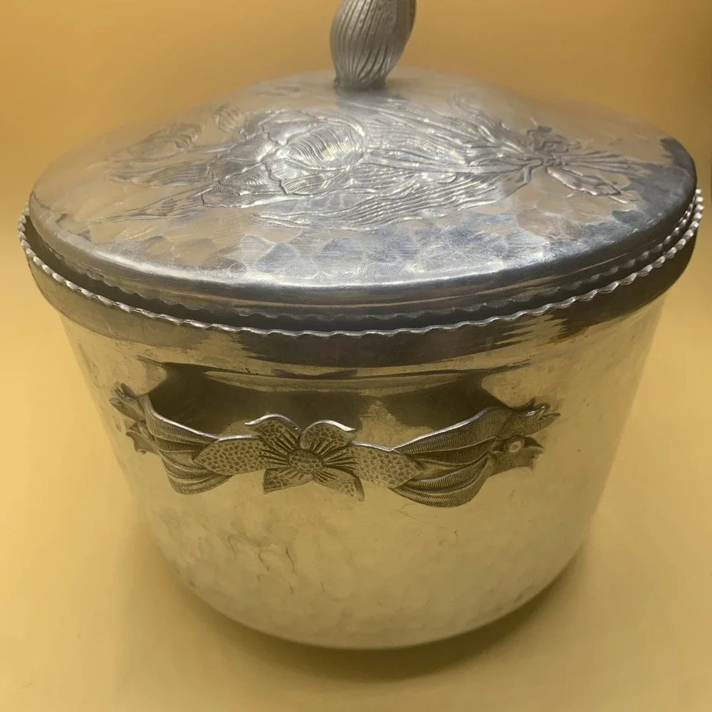 Vintage Hammered Aluminum Silver MCM Tulips Floral Double Walled Ice Bucket